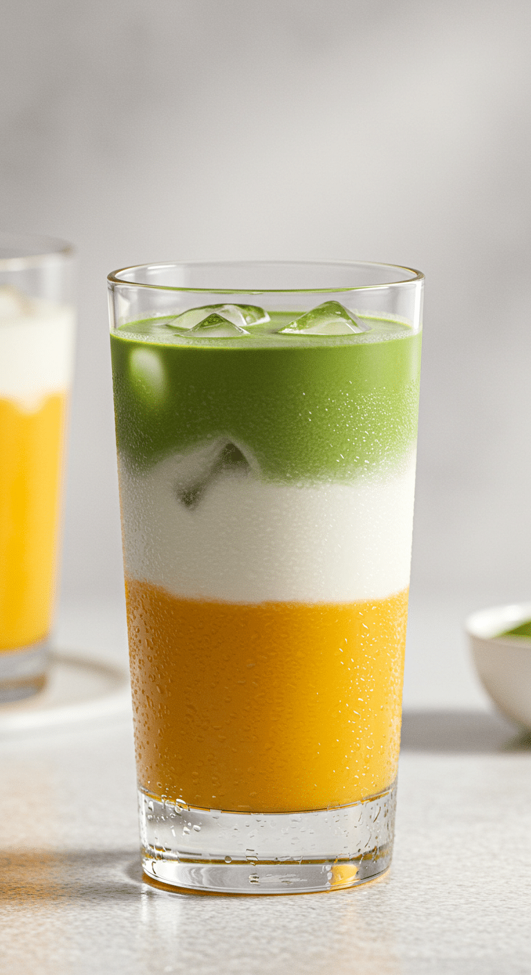 A beautiful, layered Mango Matcha Latte in a tall glass showing the distinct orange, white, and green layers.