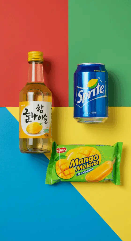 The 3 simple ingredients for the Mango Melona Soju Cocktail: mango soju, Sprite, and a Melona bar.
