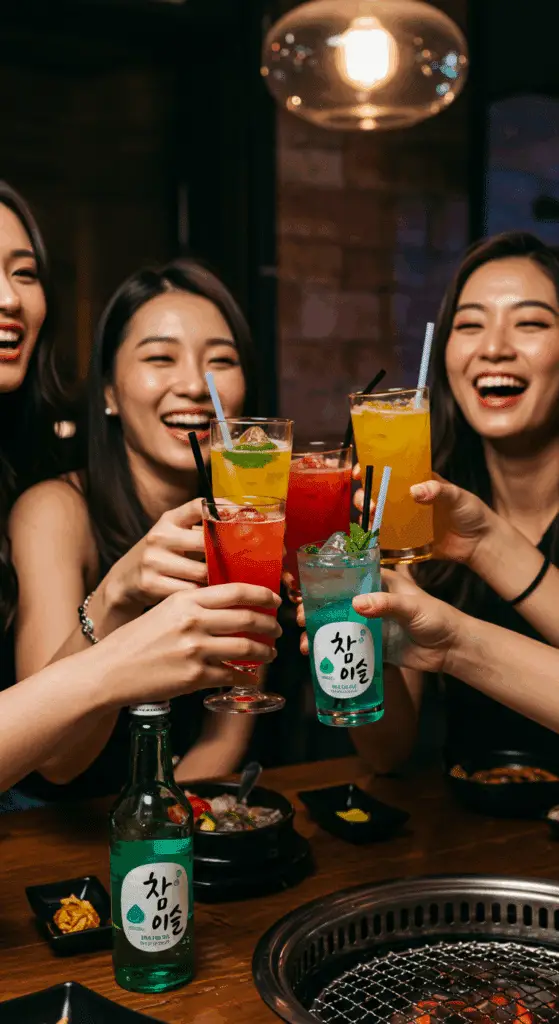 A group of happy friends enjoying their Mango Melona Soju Cocktails at a party