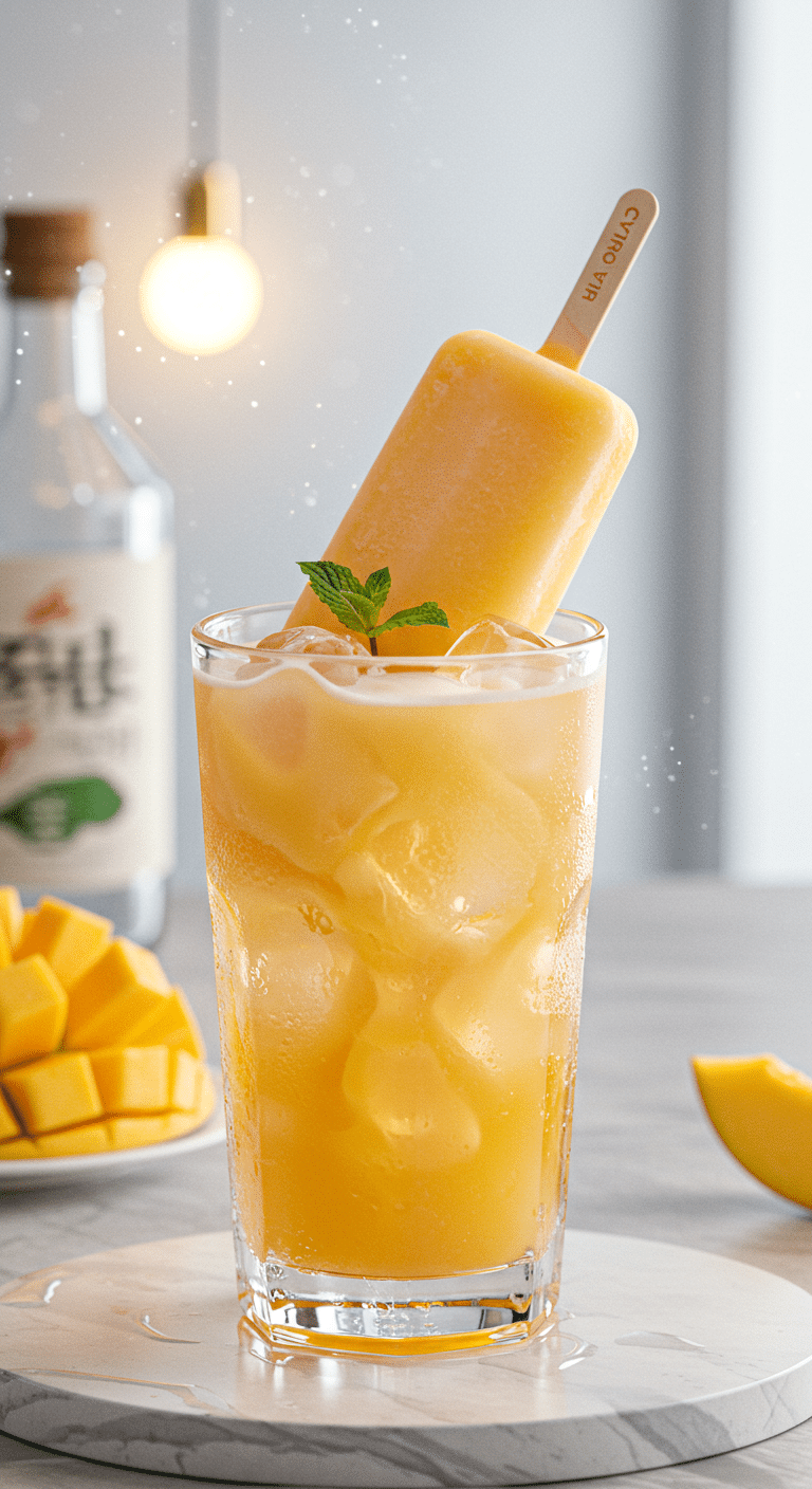 A tall, refreshing glass of the viral Mango Melona Soju Cocktail with a whole ice cream bar inside.