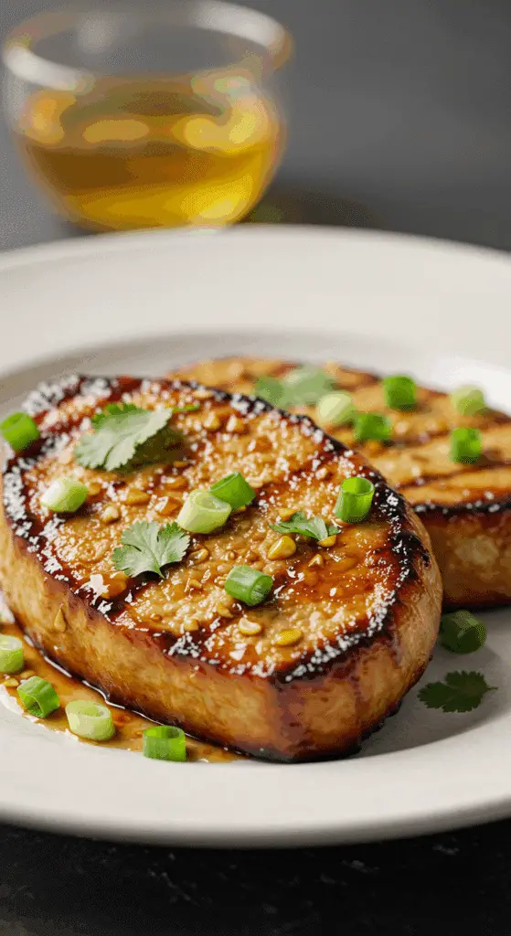 Two juicy, golden-brown Asian Marinated Pork Chops garnished with fresh cilantro and green onions.