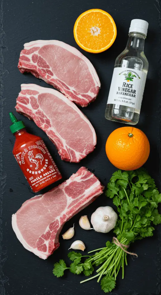 The fresh ingredients for the Asian Marinated Pork Chops, including Sriracha, ginger, and orange.