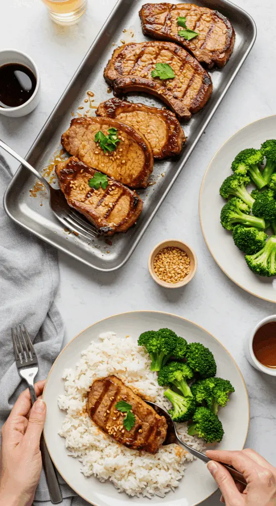 Serving the Asian Marinated Pork Chops for an easy and healthy weeknight family dinner.