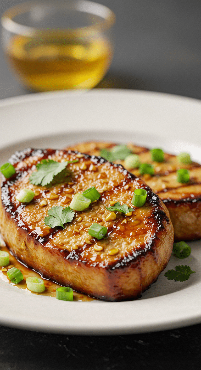 Two juicy, golden-brown Asian Marinated Pork Chops garnished with fresh cilantro and green onions.