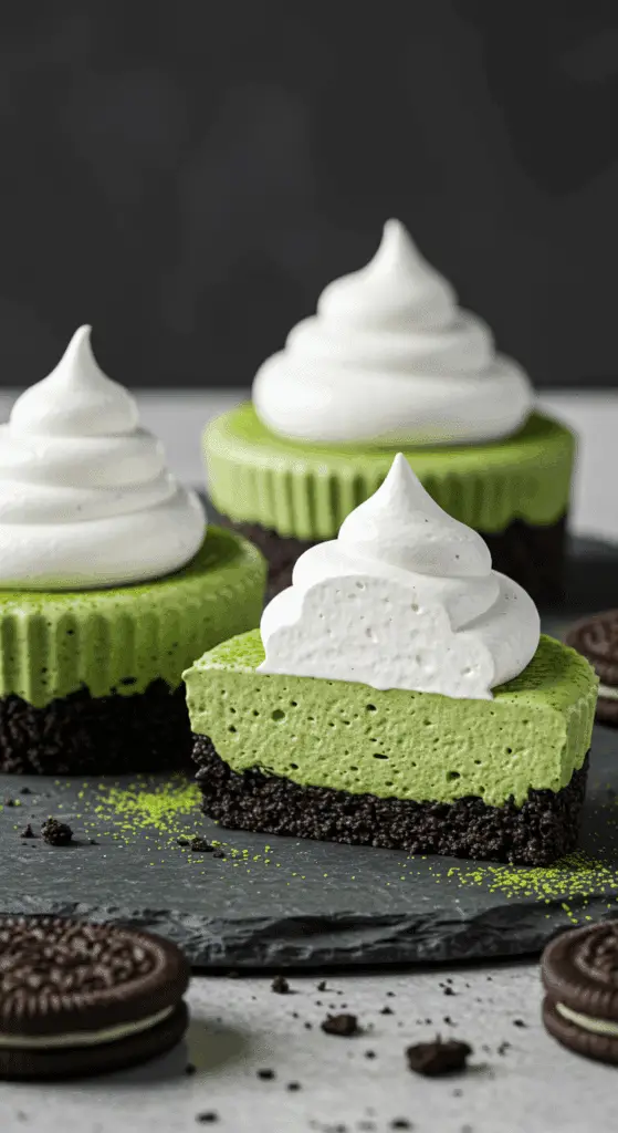 Three beautiful, perfectly decorated No-Bake Mini Matcha Cheesecakes with an Oreo crust on a platter.