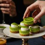 A hand taking a beautiful Mini Matcha Cheesecake from a dessert platter at a stylish party.