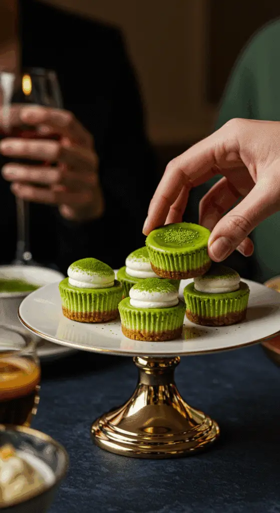 A hand taking a beautiful Mini Matcha Cheesecake from a dessert platter at a stylish party.