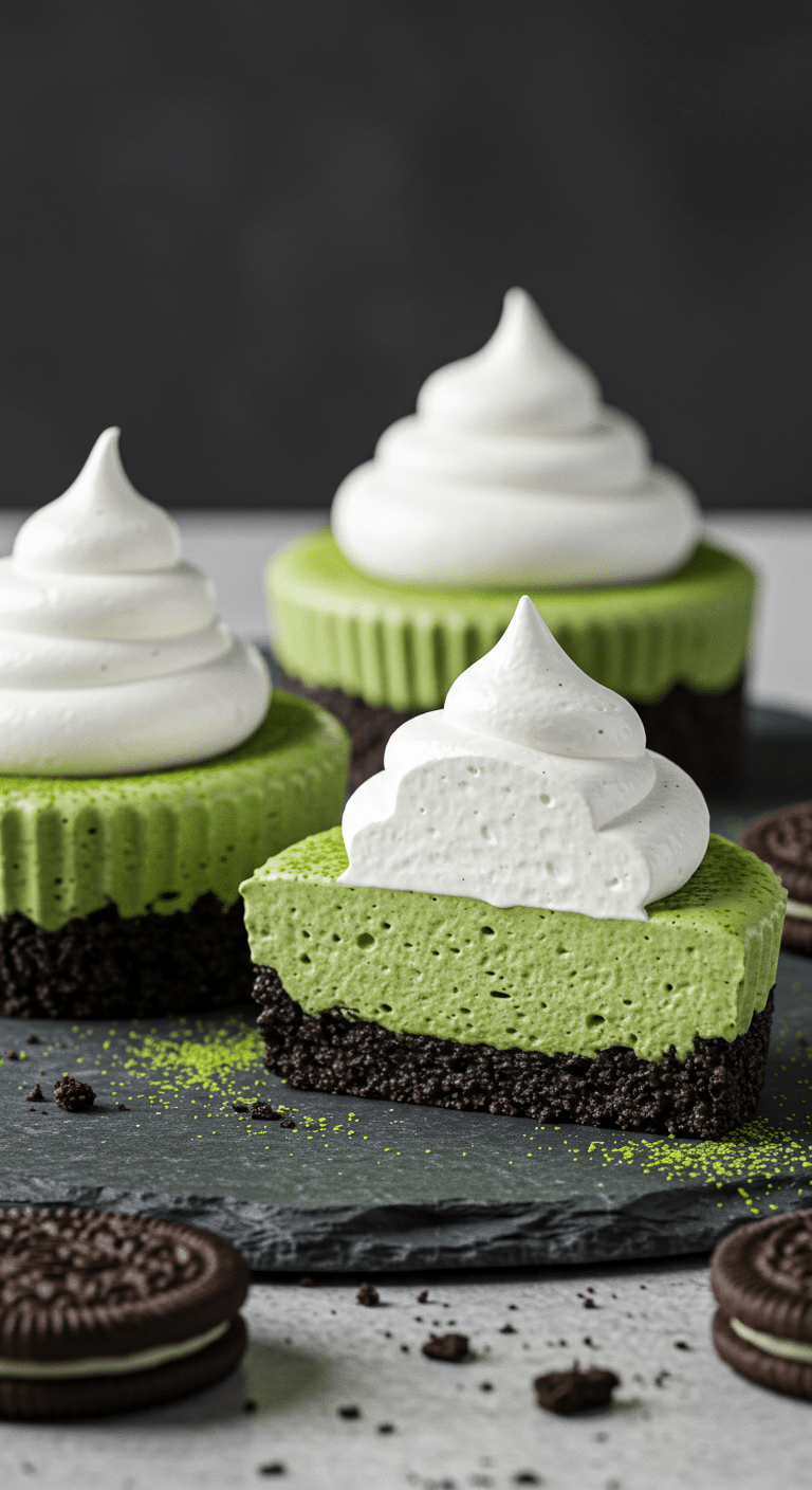Three beautiful, perfectly decorated No-Bake Mini Matcha Cheesecakes with an Oreo crust on a platter.