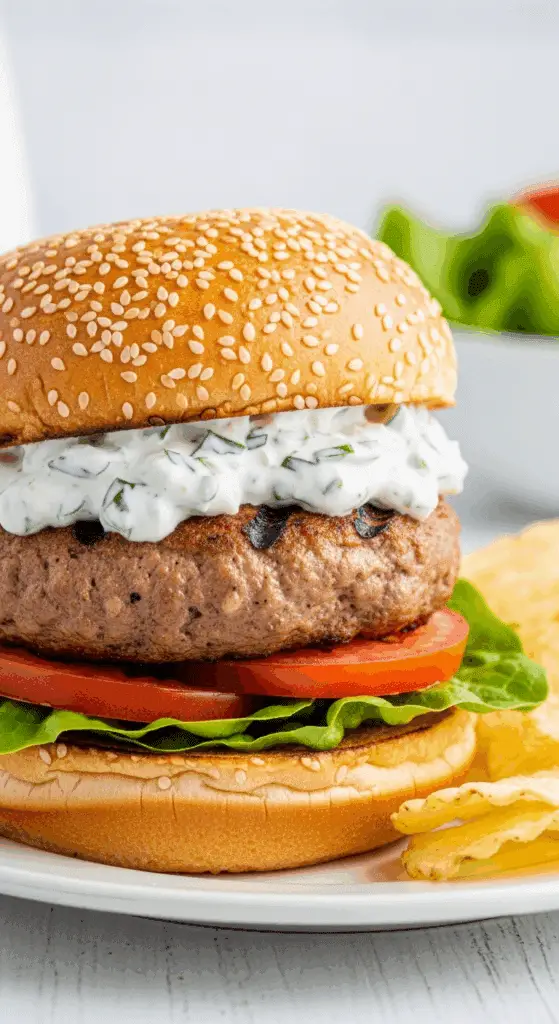 A finished, juicy Mediterranean Turkey Burger on a bun with all the toppings.