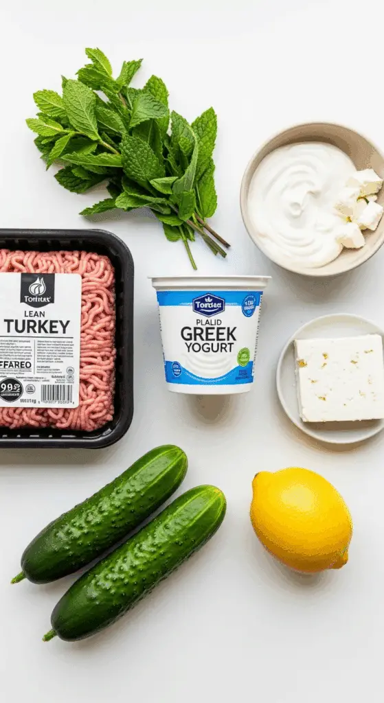 Fresh ingredients for the Mediterranean Turkey Burgers and feta-tzatziki sauce.