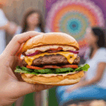 A hand holding a large, finished Mediterranean Turkey Burger.