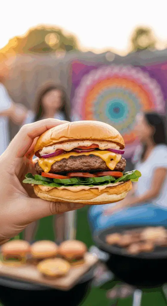 A hand holding a large, finished Mediterranean Turkey Burger.