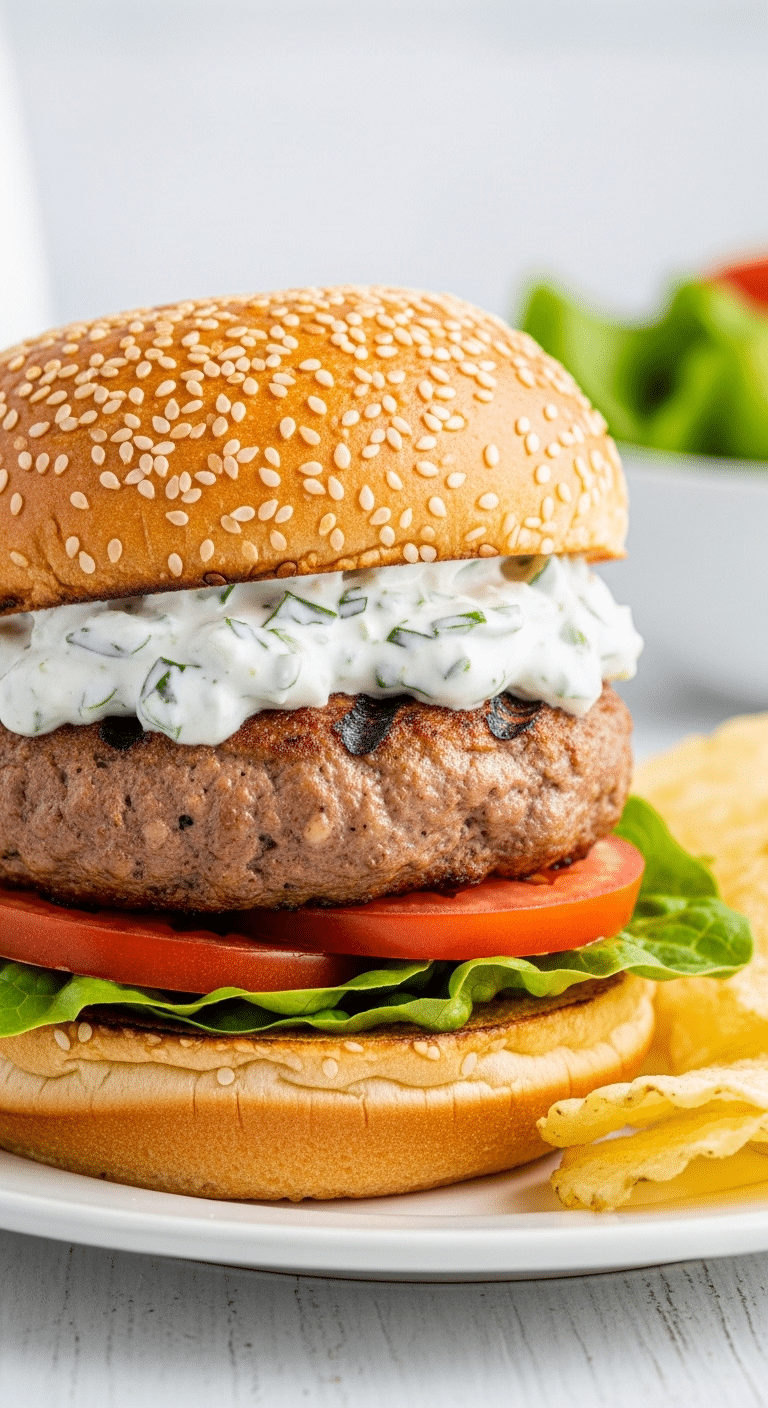 A finished, juicy Mediterranean Turkey Burger on a bun with all the toppings.