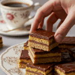 hand taking a decadent No-Bake Millionaire's Shortbread bar from a platter.