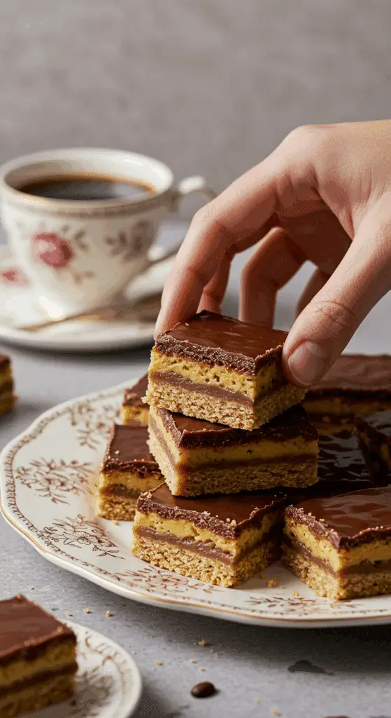 hand taking a decadent No-Bake Millionaire's Shortbread bar from a platter.