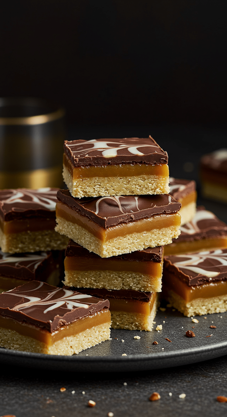 A stack of beautiful, layered No-Bake Millionaire's Shortbread bars showing the crust, caramel, and chocolate layers.