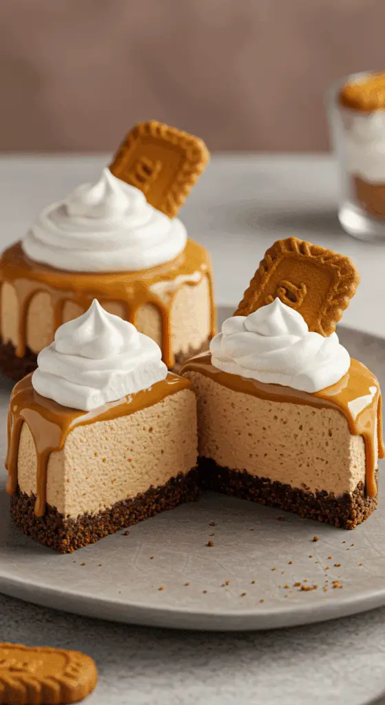 Three beautiful, perfectly decorated No-Bake Mini Biscoff Cheesecakes on a platter.