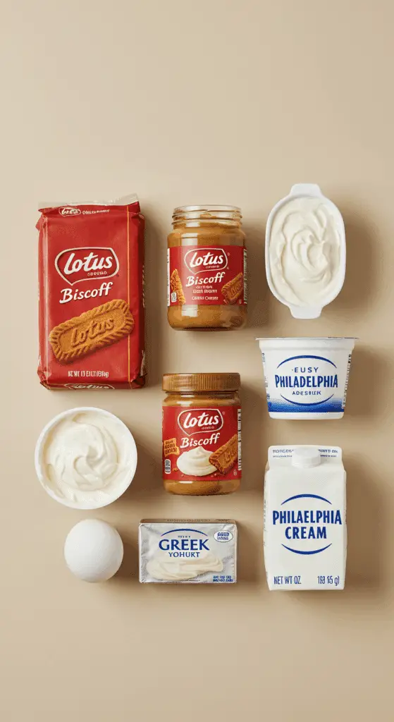 The ingredients for the No-Bake Mini Biscoff Cheesecakes, including Biscoff cookies and spread.