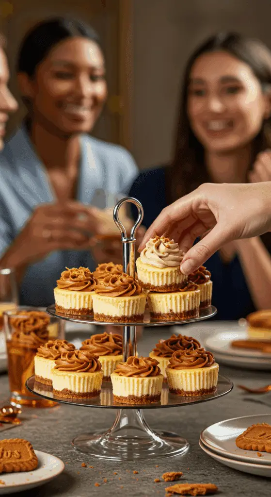 A hand taking a beautiful Mini Biscoff Cheesecake from a dessert platter at a party.