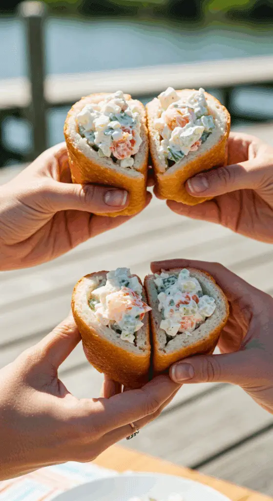 Two hands holding finished Monkfish "Lobster" Rolls.