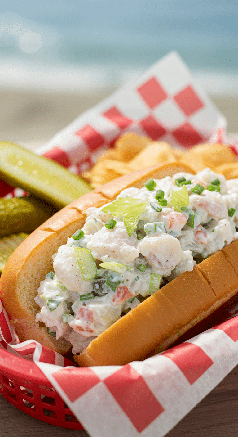 A delicious, homemade Monkfish "Lobster" Roll in a basket with potato chips.