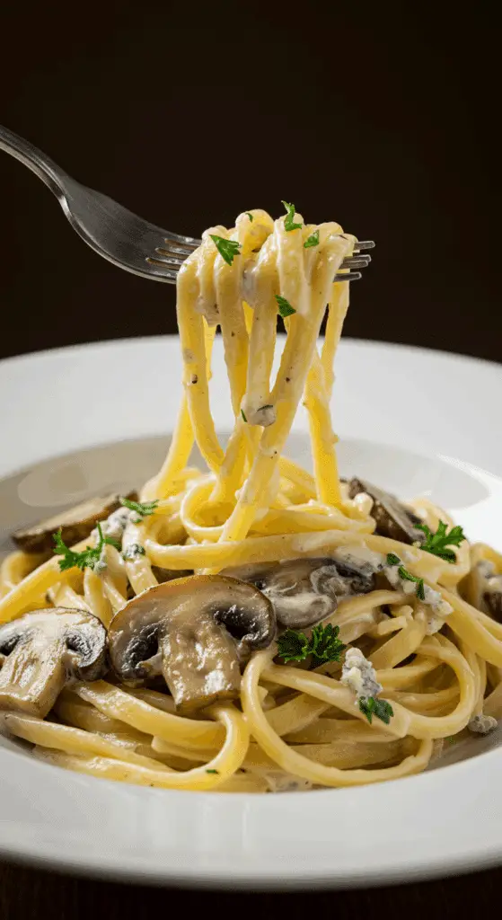 An elegant bowl of fettuccine with a creamy Mushroom-Gorgonzola Cream Sauce and a fork twirling the noodles.