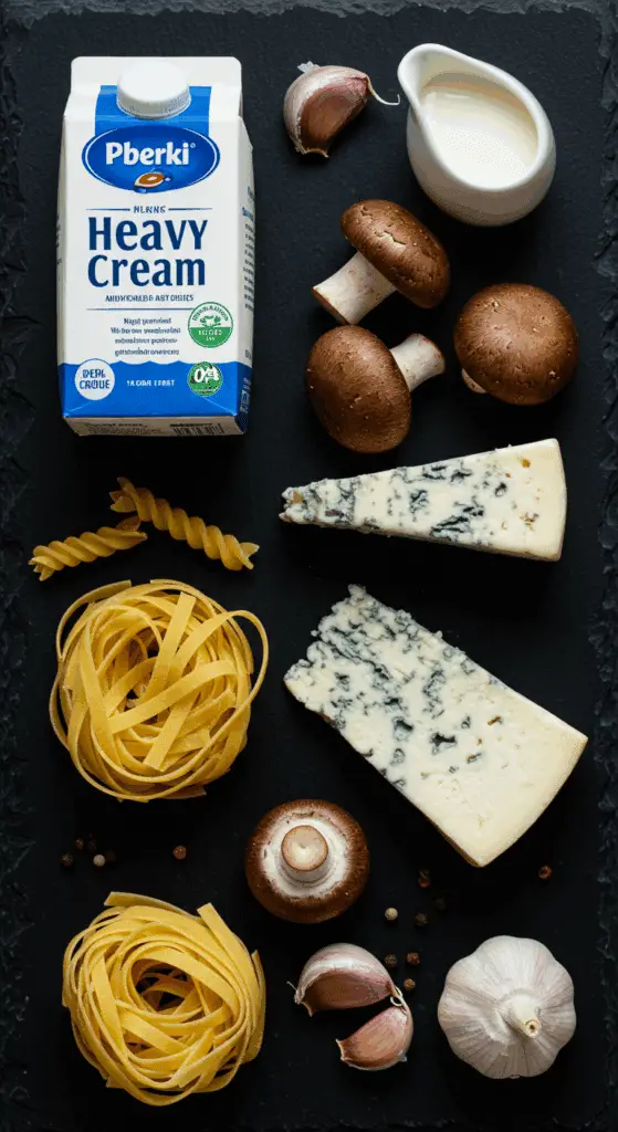 The fresh, rustic ingredients for the Mushroom-Gorgonzola Cream Sauce and pasta.