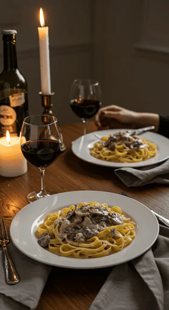 A romantic, candlelit dinner for two featuring plates of Fettuccine with Mushroom-Gorgonzola Cream Sauce.