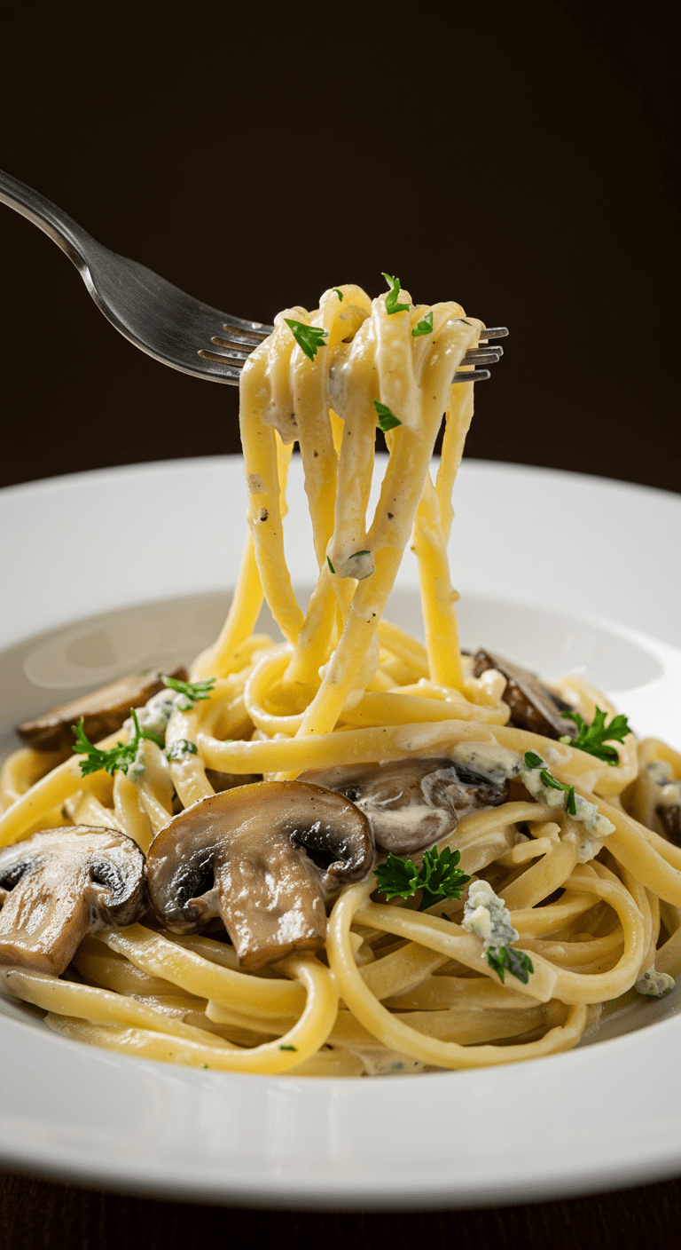 An elegant bowl of fettuccine with a creamy Mushroom-Gorgonzola Cream Sauce and a fork twirling the noodles.