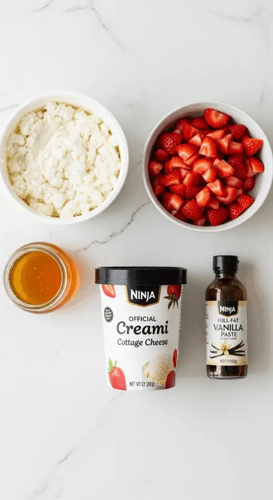The four simple ingredients for Strawberry Ninja Creami Cottage Cheese Ice Cream.