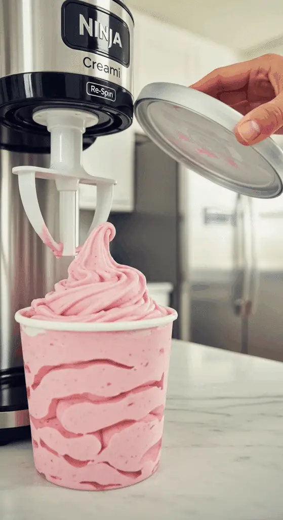 The perfectly creamy Strawberry Cottage Cheese Ice Cream inside the Ninja Creami pint after a Re-Spin.