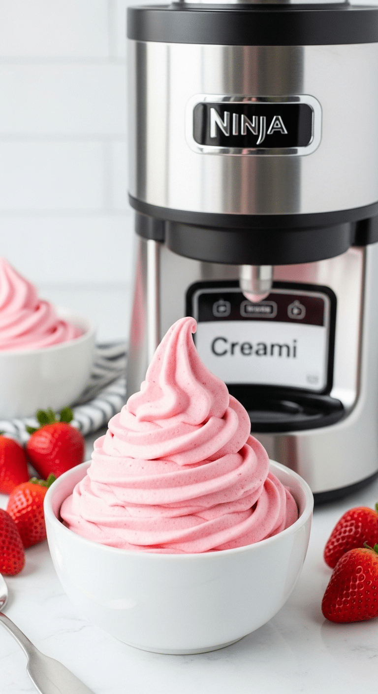 A bowl of creamy, homemade Strawberry Ninja Creami Cottage Cheese Ice Cream.