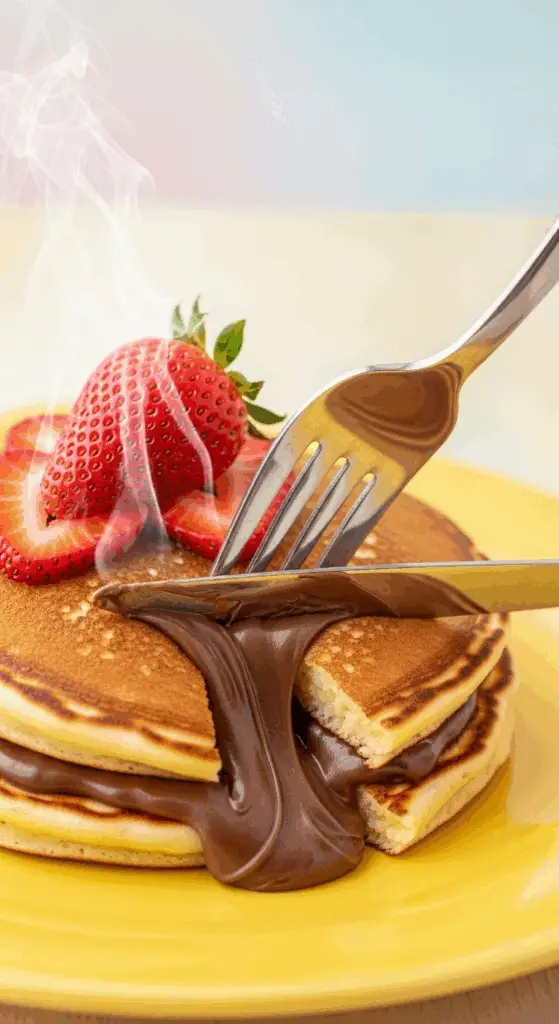 A fork cutting into a Nutella Stuffed Pancake, revealing the gooey center.