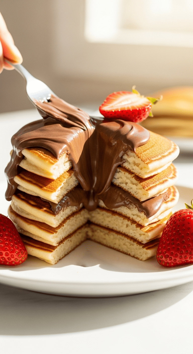 A stack of homemade Nutella Stuffed Pancakes with one cut open to show the molten center.