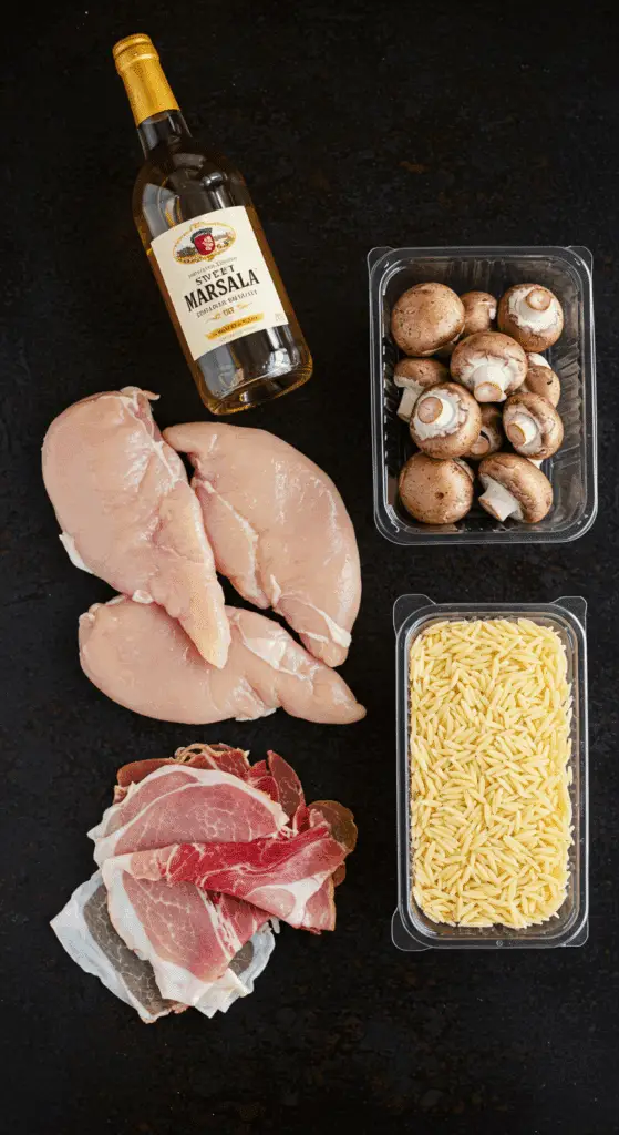 Ingredients for the One-Pot Chicken Marsala recipe with orzo.