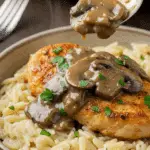 A delicious serving of the finished One-Pot Chicken Marsala in a bowl.