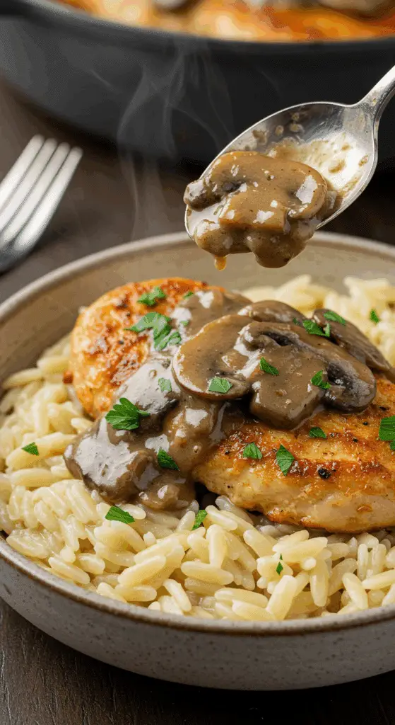 A delicious serving of the finished One-Pot Chicken Marsala in a bowl.