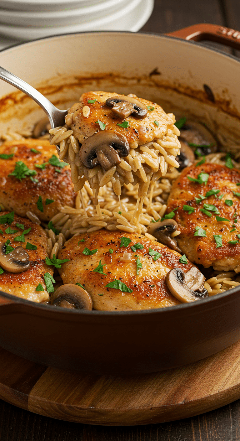 A Dutch oven filled with homemade, one-pot Chicken Marsala with orzo.