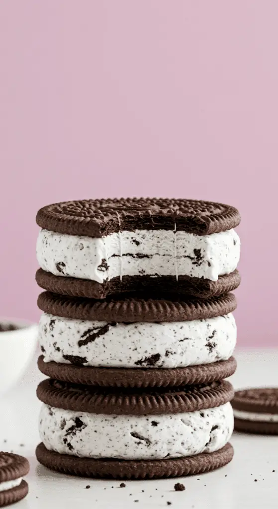 A stack of three delicious, homemade Oreo Ice Cream Sandwiches with a bite taken out of one.