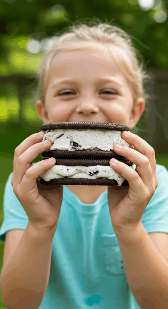 A child's hands holding a large, homemade Oreo Ice Cream Sandwich on a summer day.