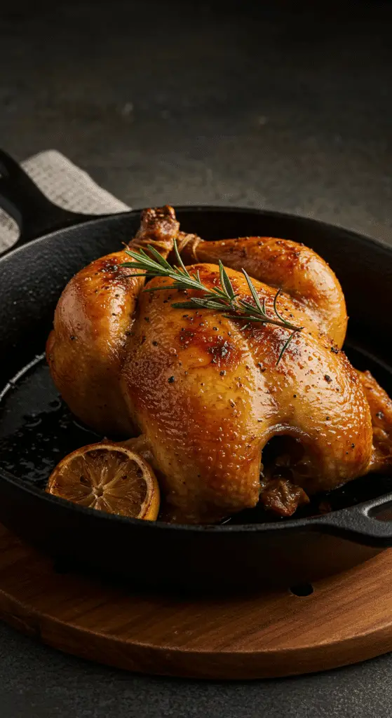 A perfectly roasted, crispy-skinned Spatchcock Cornish Hen in a cast-iron skillet.