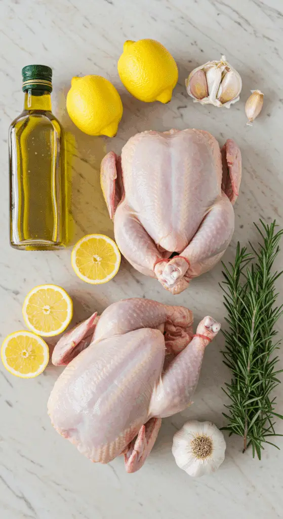 Fresh ingredients for the Tuscan Spatchcock Cornish Hens recipe.