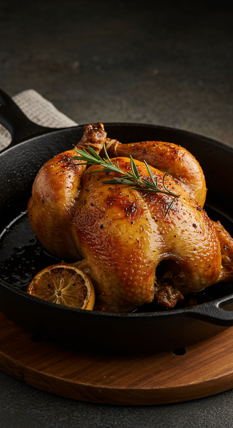 A perfectly roasted, crispy-skinned Spatchcock Cornish Hen in a cast-iron skillet.
