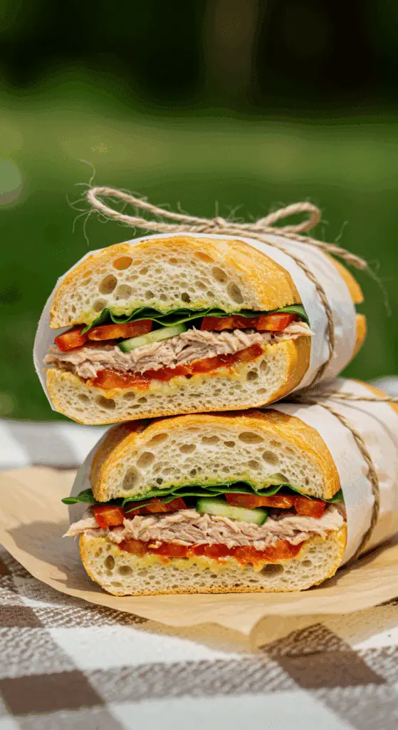 A homemade, pressed French Pan Bagnat tuna sandwich cut in half.