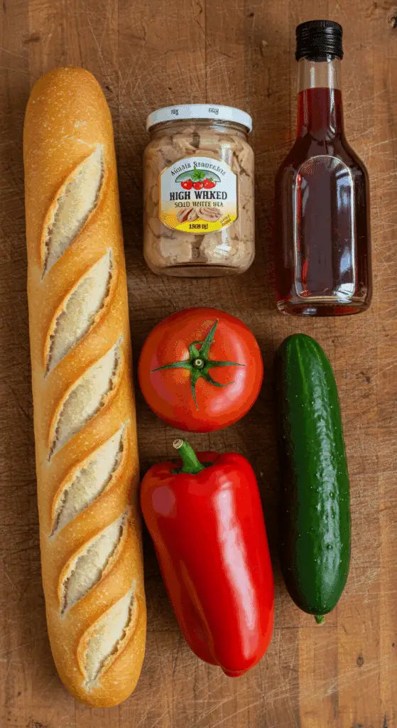Fresh ingredients for the French Pan Bagnat sandwich.