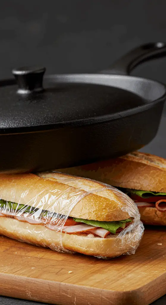 Two wrapped Pan Bagnat sandwiches being pressed under a heavy cast-iron skillet.