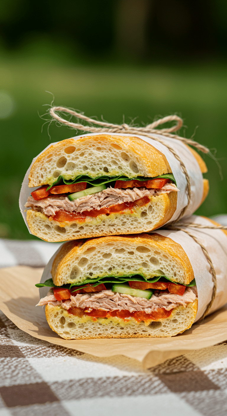 A homemade, pressed French Pan Bagnat tuna sandwich cut in half.