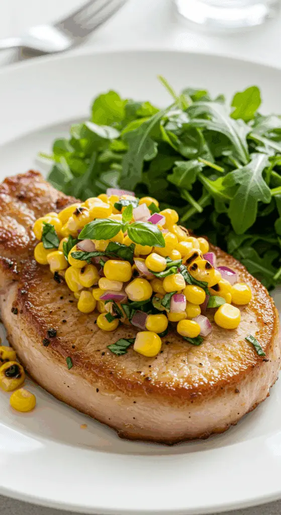A plated meal of a homemade Pan-Seared Pork Chop with a fresh charred corn relish.