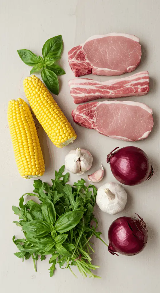 Fresh ingredients for the Pan-Seared Pork Chops with Charred Corn.