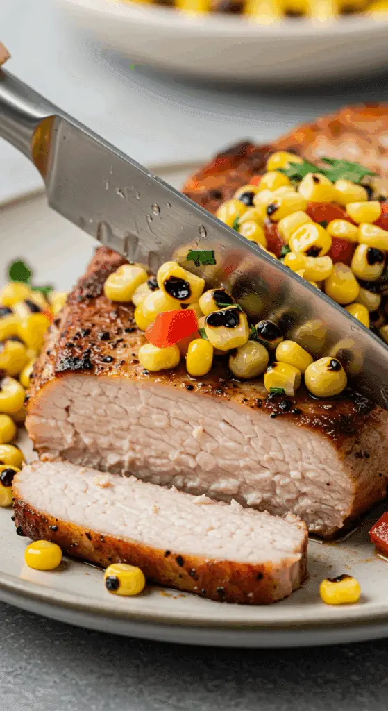 A knife slicing into the juicy, finished Pan-Seared Pork Chop.